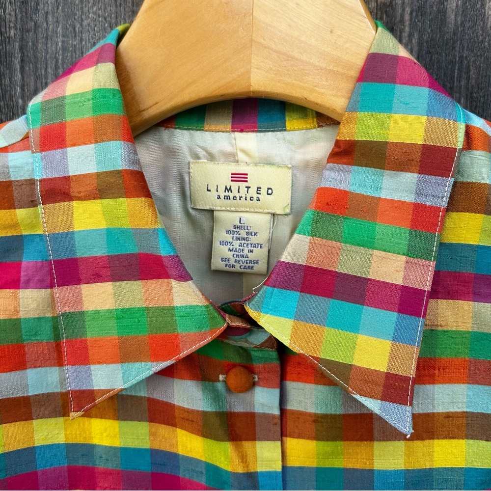 Vintage Limited America Check Plaid Silk Sleeveless Shirt Rainbow Color L - Picture 5 of 15